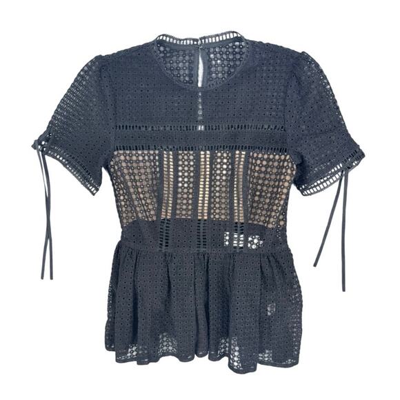 Self-Portrait Top Guipure Lace Peplum Black Cotton Size 8 - Picture 2 of 5